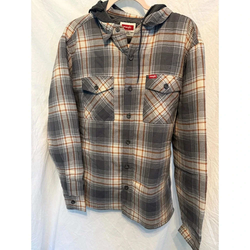 Wrangler Mens Plaid Hooded Shirt Jacket Gray Orange Quilted Lined Flannel Small